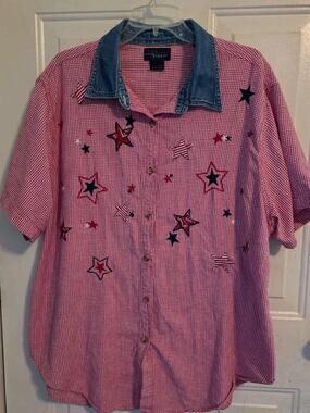 Vtg 90s CST Blues Red Gingham Star Embroidered Button Up Top USA Patriotic 24
